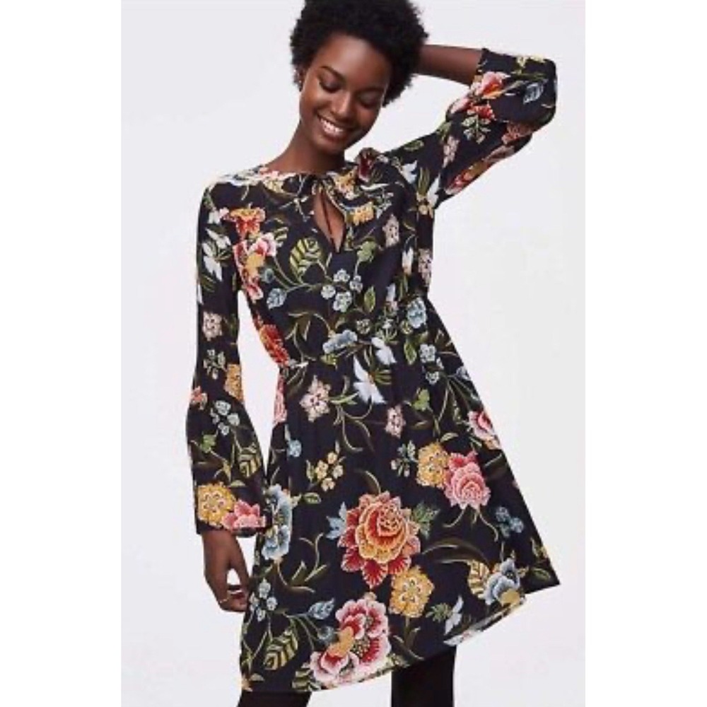 Loft Women's Black Tie Neck Poppy Bloom Bell Sleeve‎ Dress Size XS